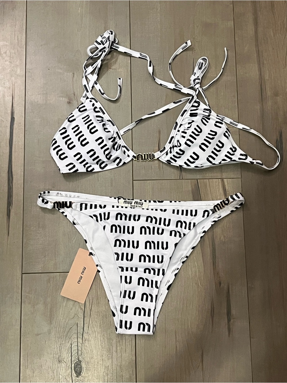 Miu Miu White and Black Logo Triangle Bikini Set